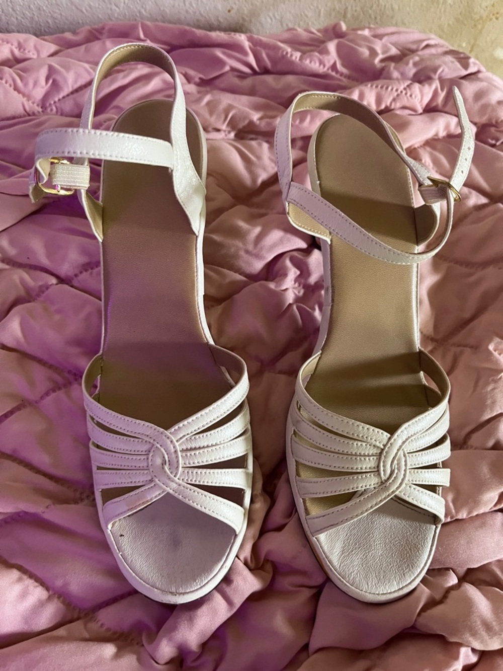 Women's Cream Ankle-Strap Knot-Detail Heels